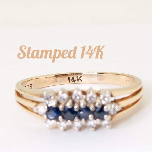 Vintage 14kt Yellow Gold Blue Sapphire Diamond Ring, Elegant Dinner Ring Sz 8 - Picture 3 of 9